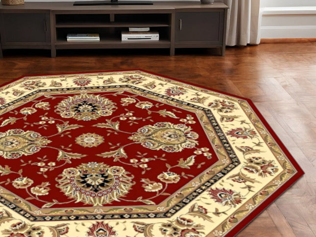 7' Red And Ivory Floral Medallion Octagon Rug
