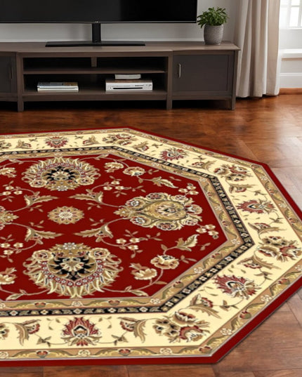 7' Red And Ivory Floral Medallion Octagon Rug