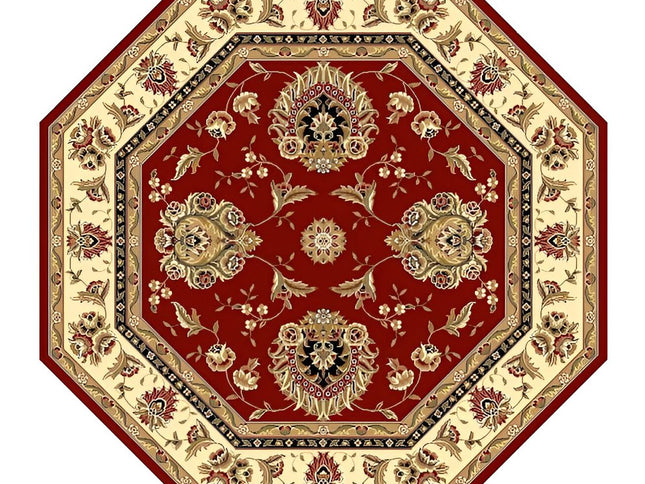 7' Red And Ivory Floral Medallion Octagon Rug