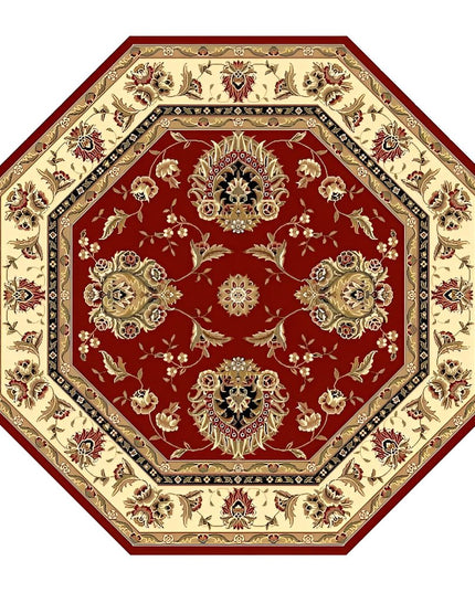 7' Red And Ivory Floral Medallion Octagon Rug