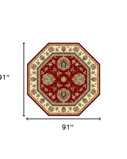 7' Red And Ivory Floral Medallion Octagon Rug