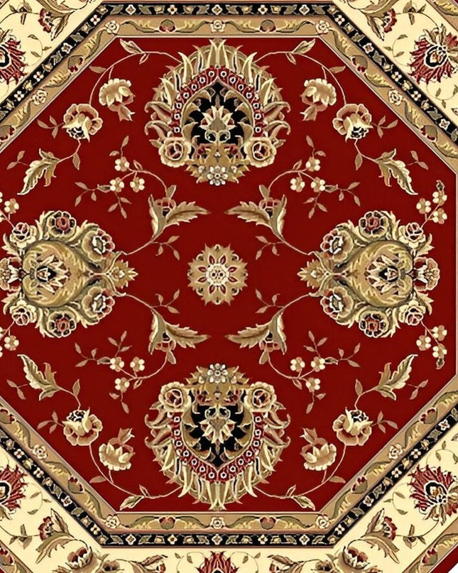 7' Red And Ivory Floral Medallion Octagon Rug