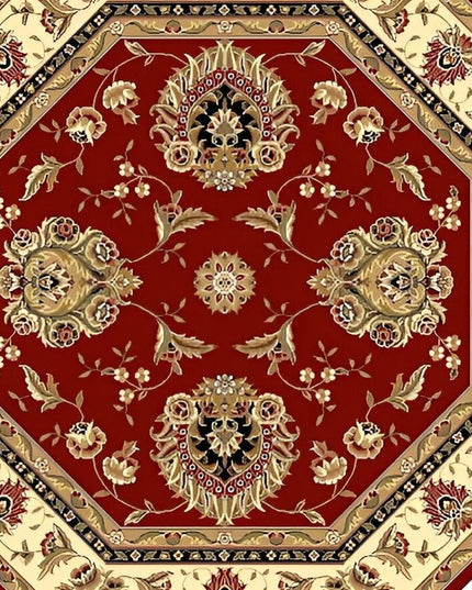 7' Red And Ivory Floral Medallion Octagon Rug