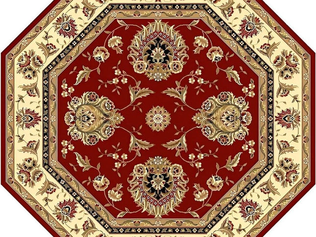 7' Red And Ivory Floral Medallion Octagon Rug