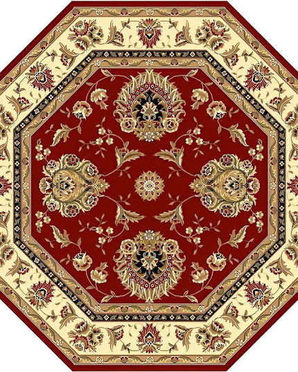 7' Red And Ivory Floral Medallion Octagon Rug