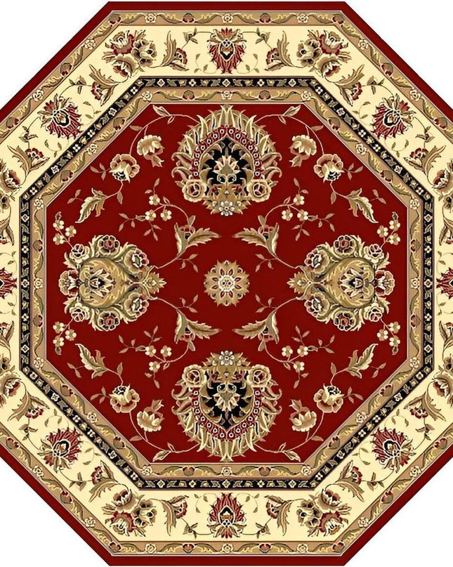 7' Red And Ivory Floral Medallion Octagon Rug