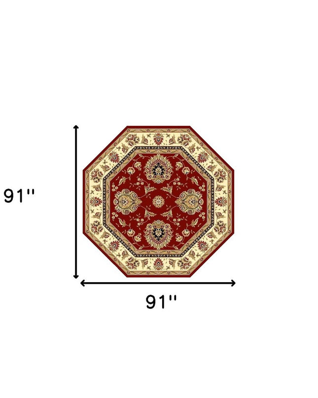 7' Red And Ivory Floral Medallion Octagon Rug