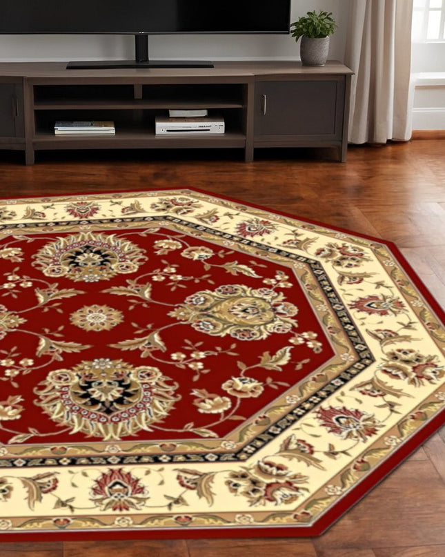 7' Red And Ivory Floral Medallion Octagon Rug
