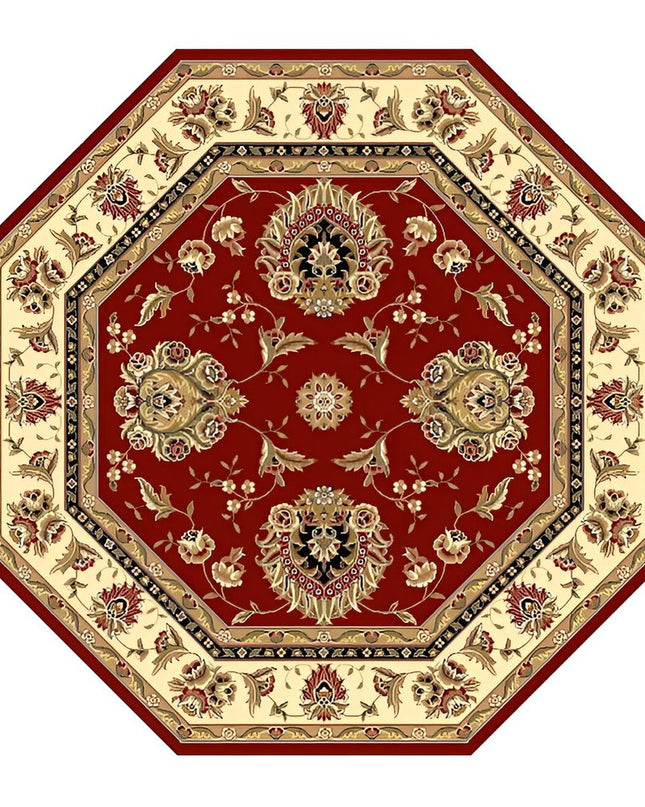 7' Red And Ivory Floral Medallion Octagon Rug