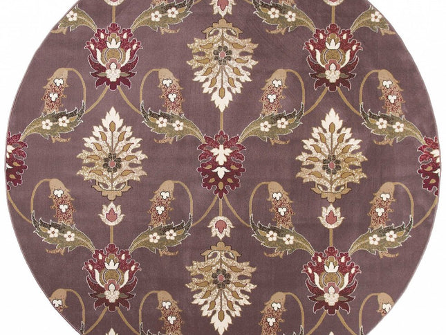 7' Purple Ivory And Brown Floral Octagon Rug