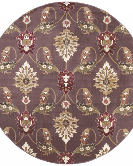 7' Purple Ivory And Brown Floral Octagon Rug