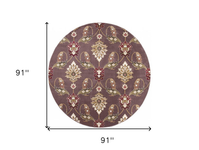 7' Purple Ivory And Brown Floral Octagon Rug