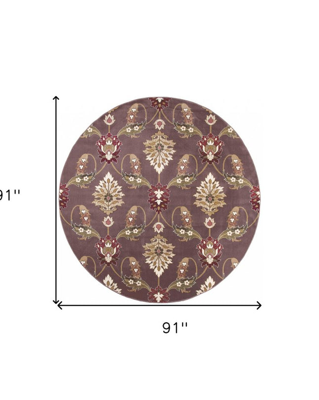 7' Purple Ivory And Brown Floral Octagon Rug