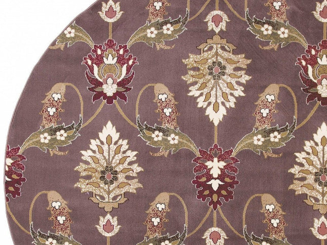 7' Purple Ivory And Brown Floral Octagon Rug