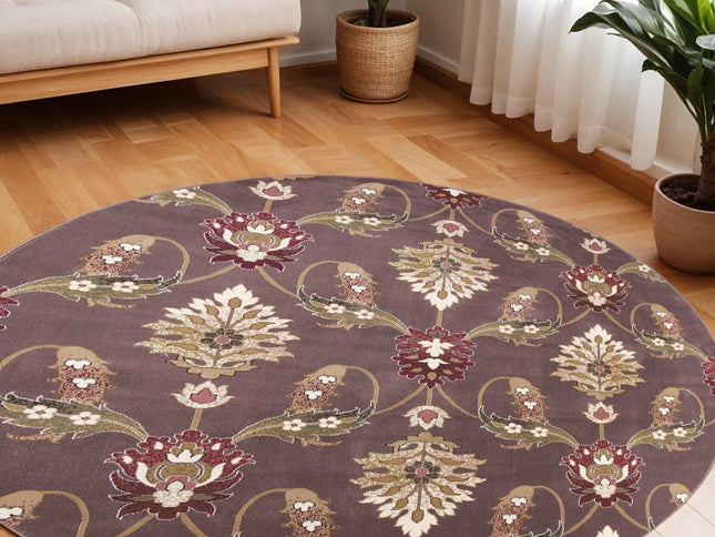7' Purple Ivory And Brown Floral Octagon Rug