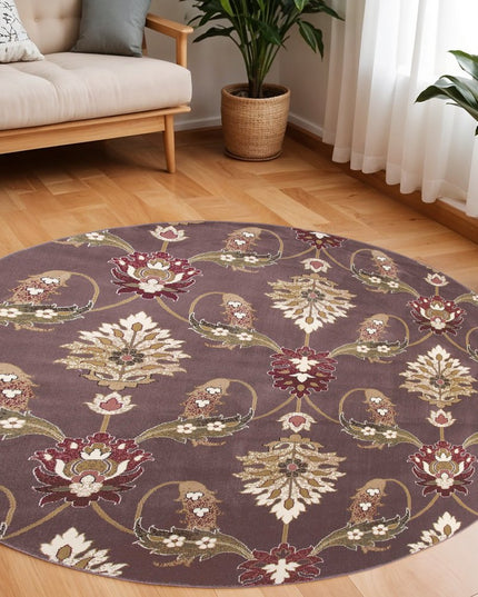 7' Purple Ivory And Brown Floral Octagon Rug