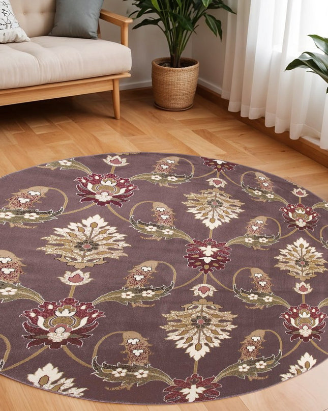 7' Purple Ivory And Brown Floral Octagon Rug