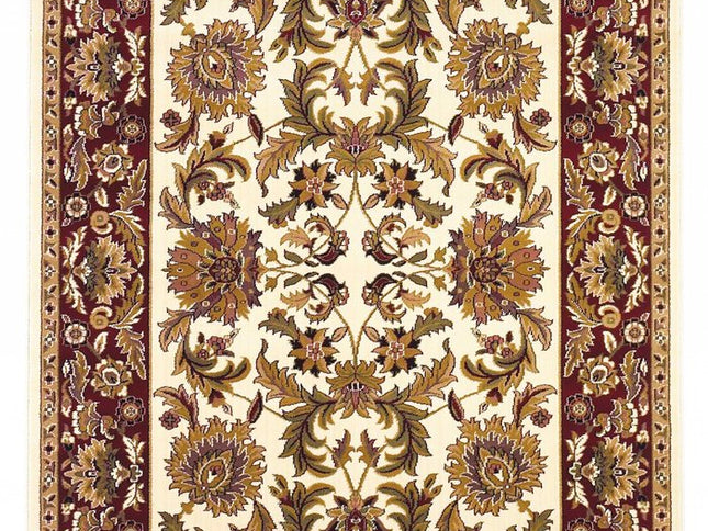 7' Ivory Red And Orange Floral Medallion Octagon Rug