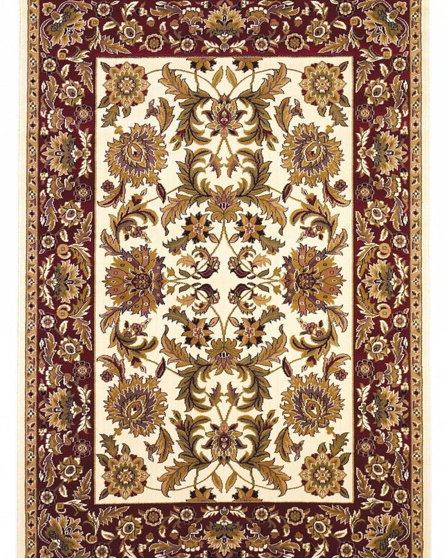 7' Ivory Red And Orange Floral Medallion Octagon Rug