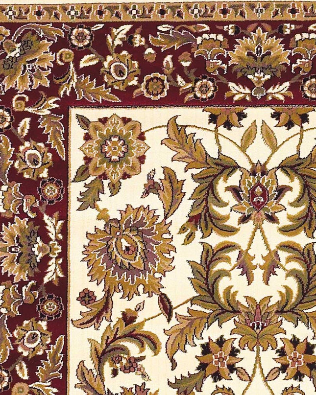 7' Ivory Red And Orange Floral Medallion Octagon Rug