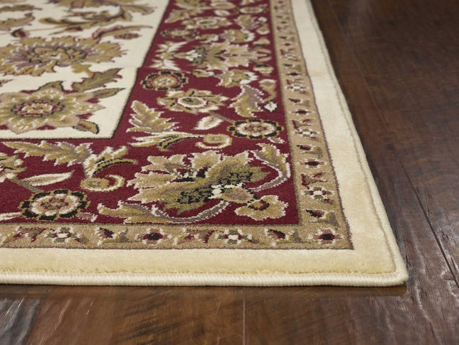 7' Ivory Red And Orange Floral Medallion Octagon Rug