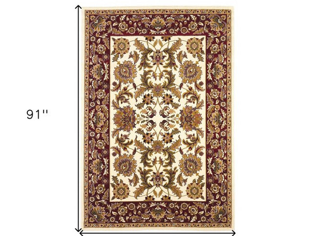7' Ivory Red And Orange Floral Medallion Octagon Rug