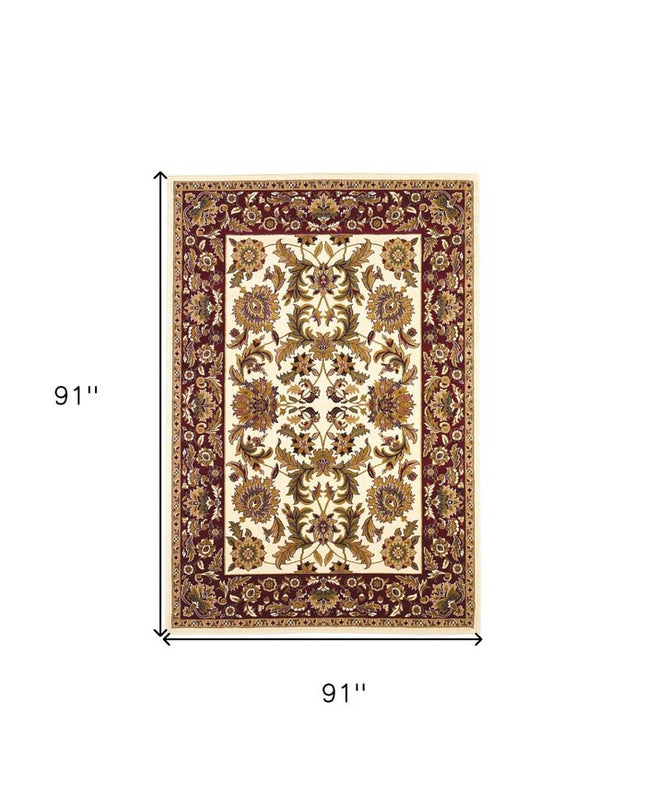 7' Ivory Red And Orange Floral Medallion Octagon Rug