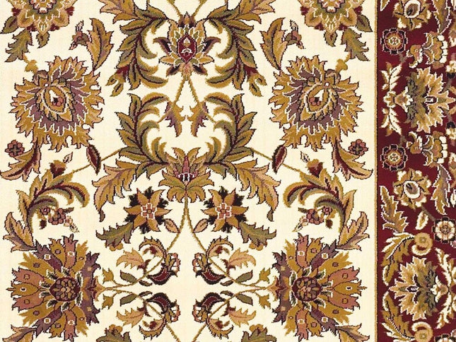 7' Ivory Red And Orange Floral Medallion Octagon Rug