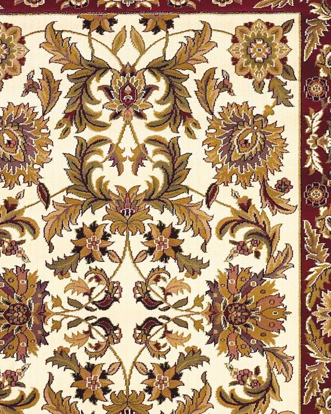 7' Ivory Red And Orange Floral Medallion Octagon Rug