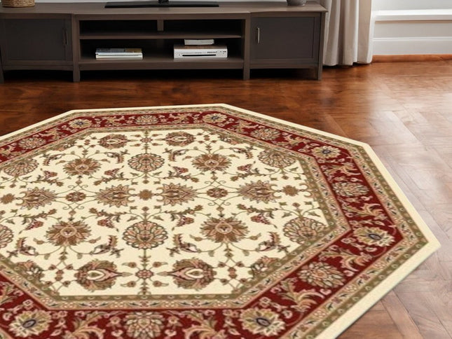 7' Red Ivory And Brown Floral Medallion Octagon Rug