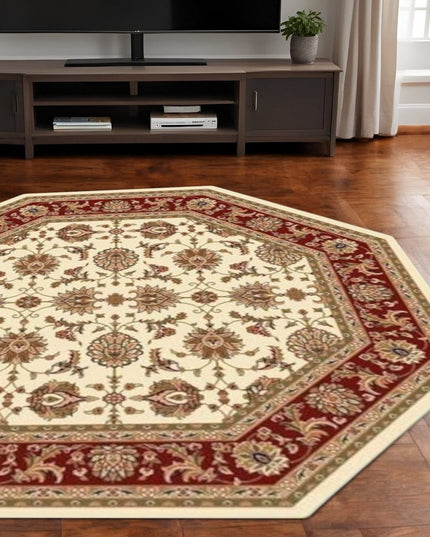 7' Red Ivory And Brown Floral Medallion Octagon Rug