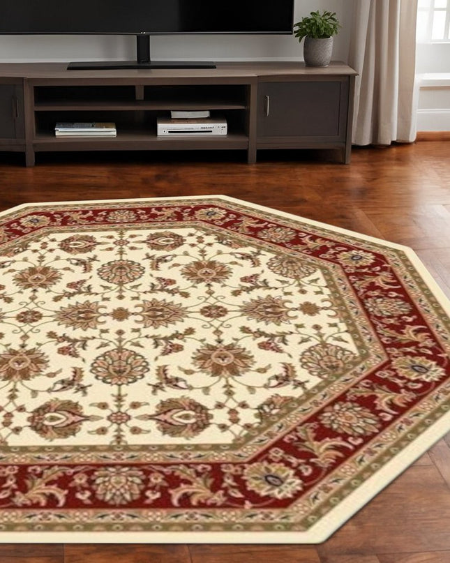 7' Red Ivory And Brown Floral Medallion Octagon Rug