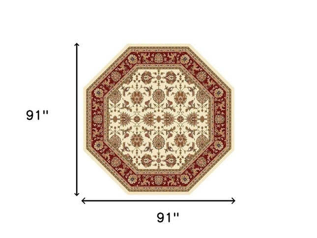 7' Red Ivory And Brown Floral Medallion Octagon Rug