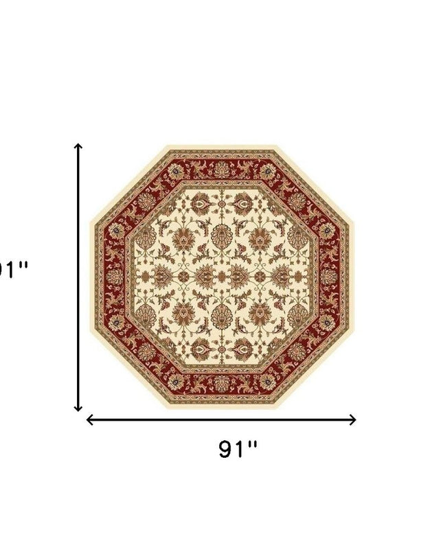 7' Red Ivory And Brown Floral Medallion Octagon Rug