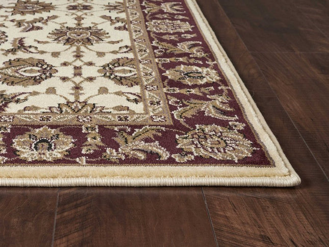 7' Red Ivory And Brown Floral Medallion Octagon Rug