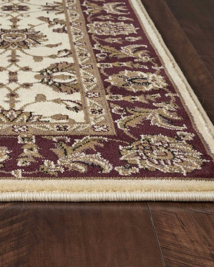 7' Red Ivory And Brown Floral Medallion Octagon Rug