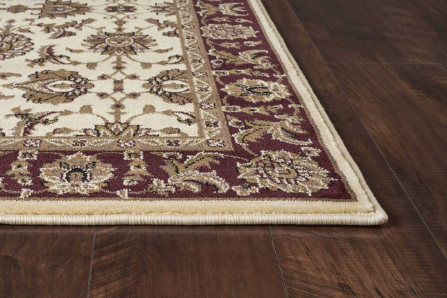 7' Red Ivory And Brown Floral Medallion Octagon Rug