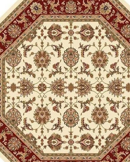 7' Red Ivory And Brown Floral Medallion Octagon Rug
