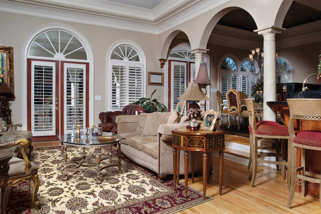 7' Red Ivory And Brown Floral Medallion Octagon Rug