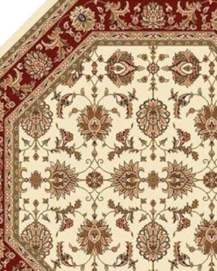 7' Red Ivory And Brown Floral Medallion Octagon Rug
