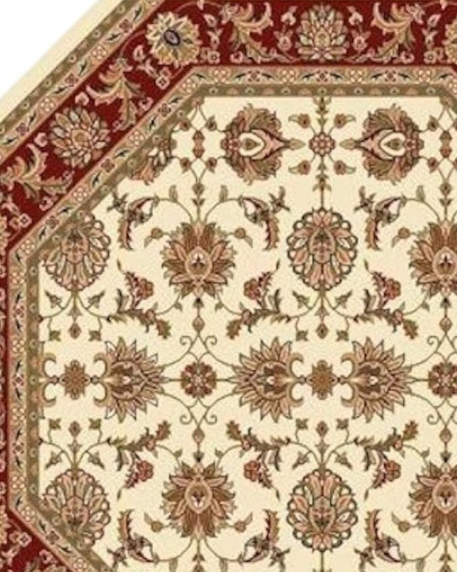 7' Red Ivory And Brown Floral Medallion Octagon Rug