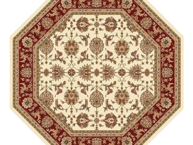 7' Red Ivory And Brown Floral Medallion Octagon Rug
