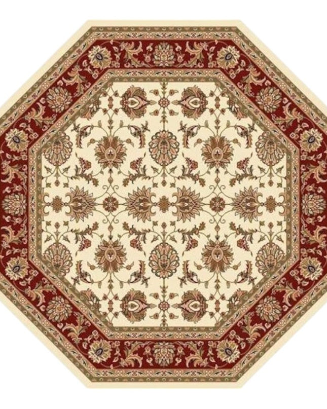 7' Red Ivory And Brown Floral Medallion Octagon Rug