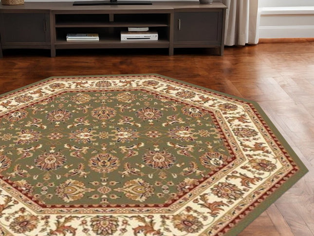7' Green And Ivory Floral Octagon Rug