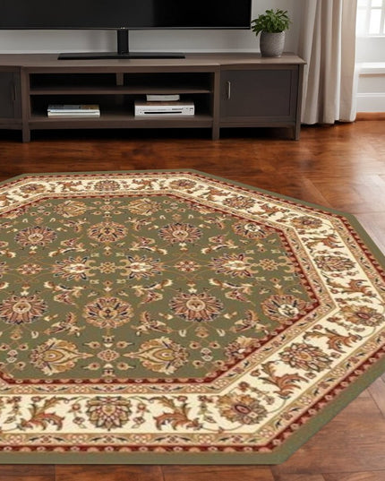 7' Green And Ivory Floral Octagon Rug