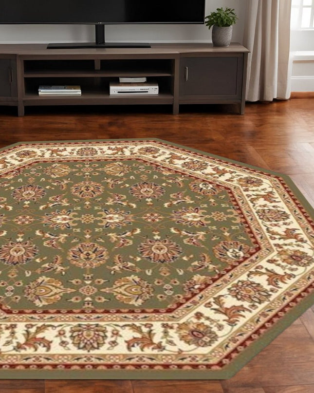 7' Green And Ivory Floral Octagon Rug