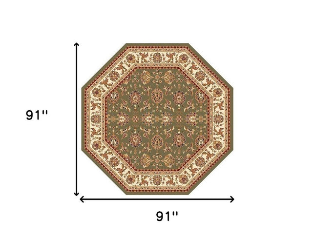 7' Green And Ivory Floral Octagon Rug
