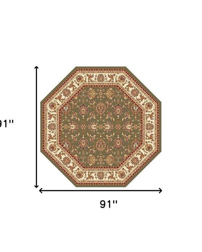 7' Green And Ivory Floral Octagon Rug