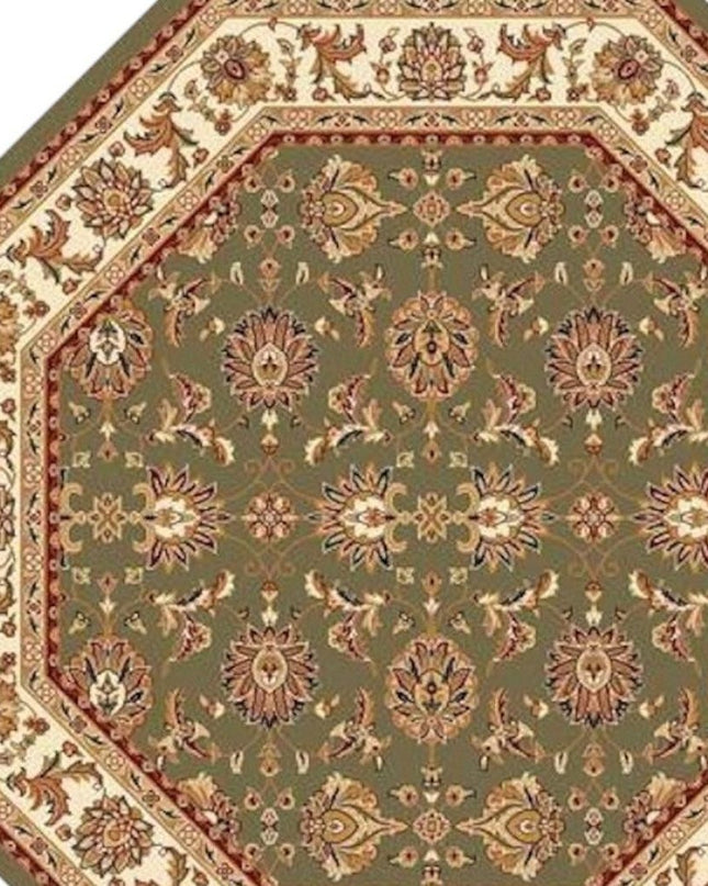 7' Green And Ivory Floral Octagon Rug