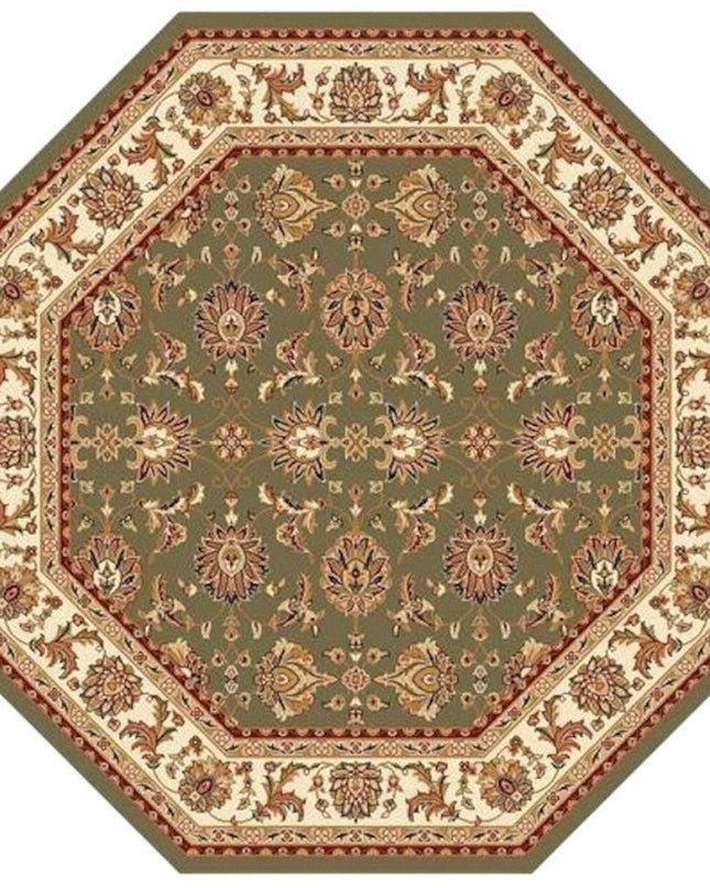 7' Green And Ivory Floral Octagon Rug